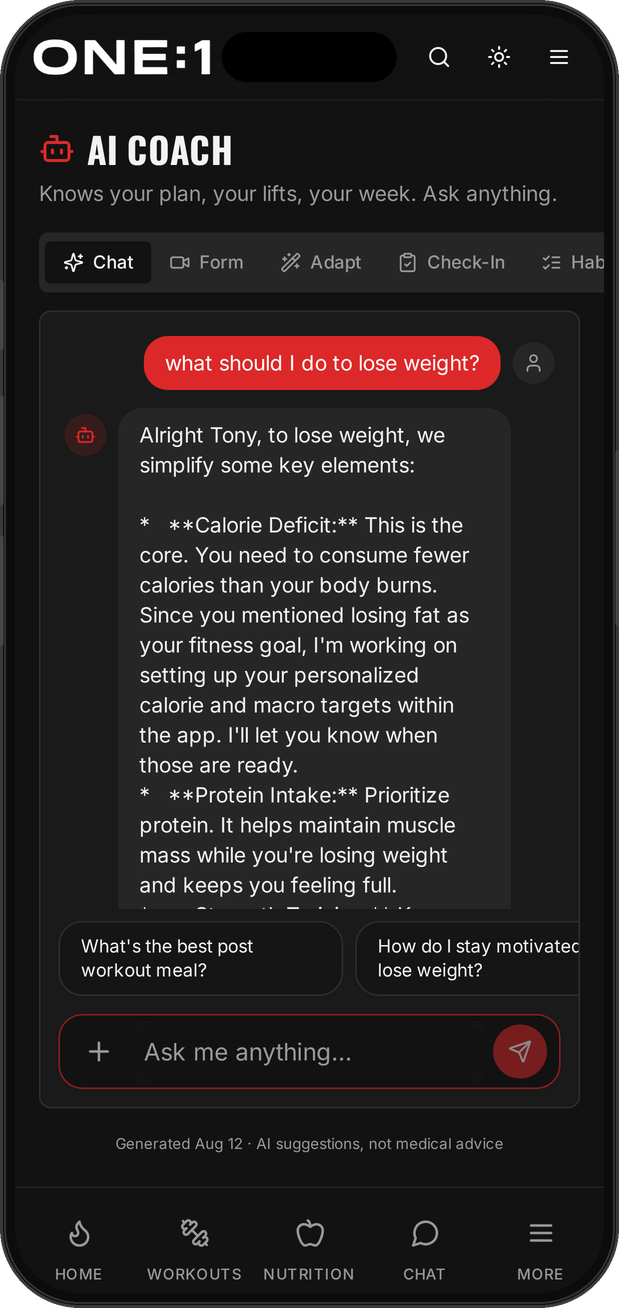 ONE:1 AI coach chat answering a training question