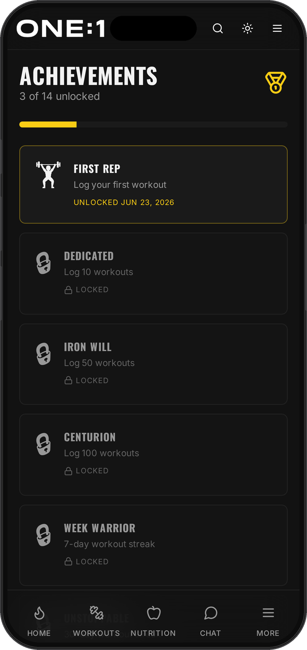 ONE:1 achievements screen with unlocked badges