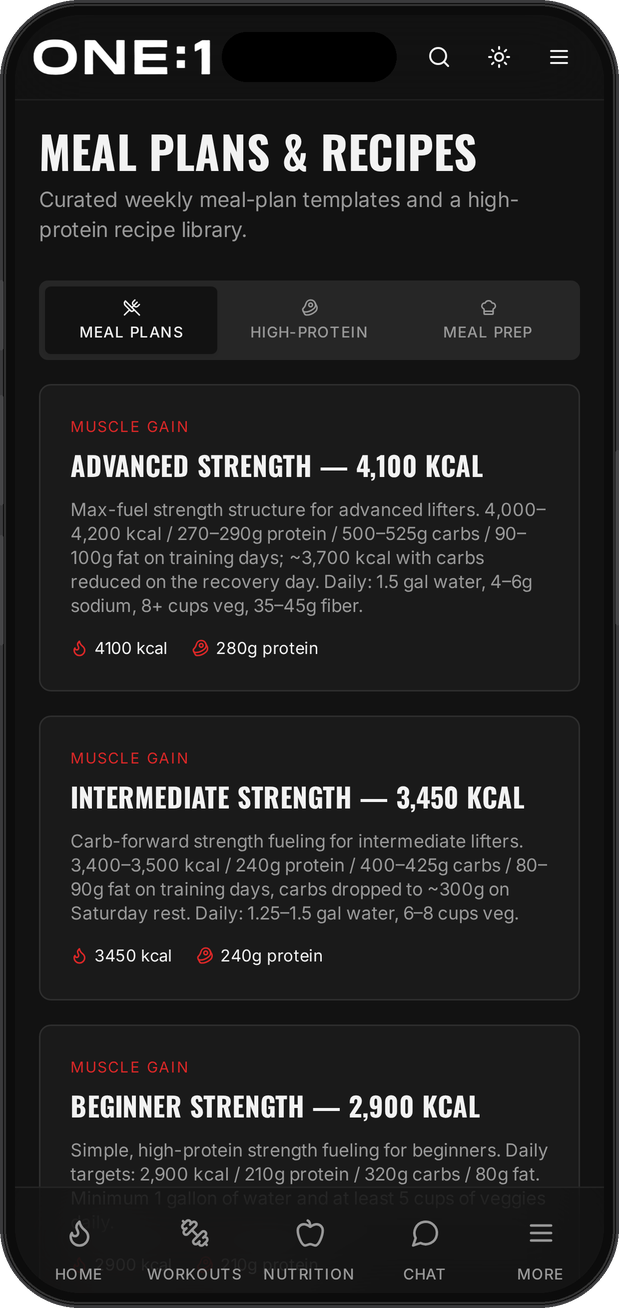 ONE:1 meal plans and recipes screen