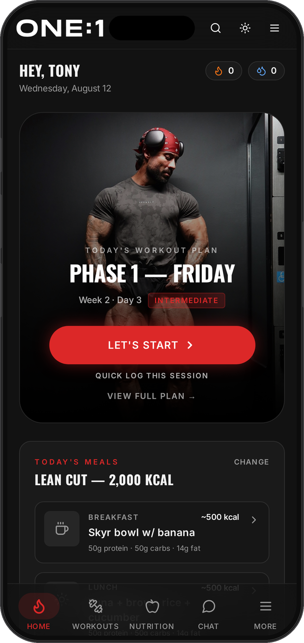 ONE:1 daily dashboard showing today's workout plan and meals